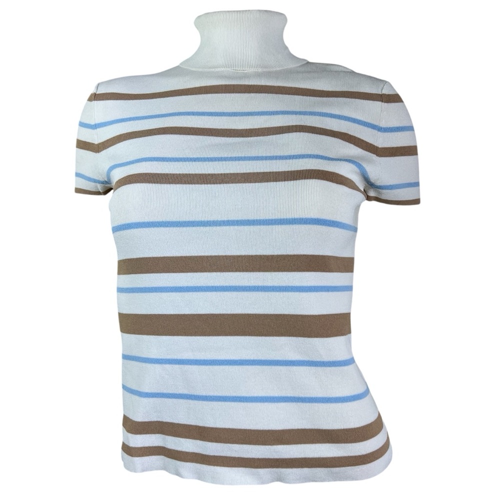 Vintage Ann Taylor White and Blue Fitted Short Sleeve Turtleneck
